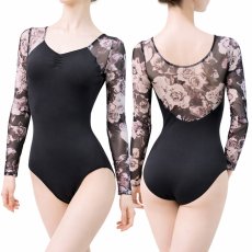 画像1: 【MINA】ブラックローズメッシュ ロングスリーブ レオタード (1)