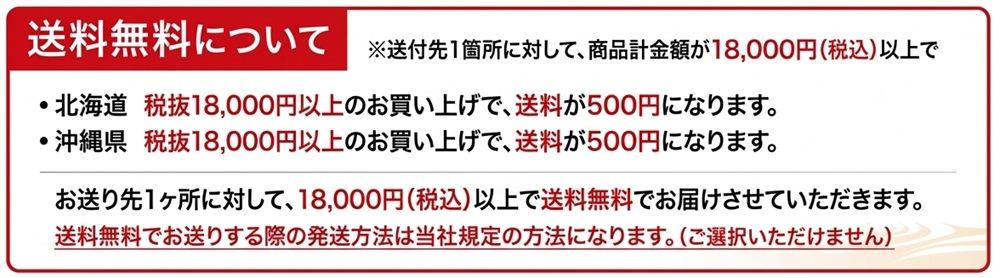 送料について｜1配送先につき税込18,000円以上で送料無料。北海道・沖縄は18,000円以上でも送料500円。